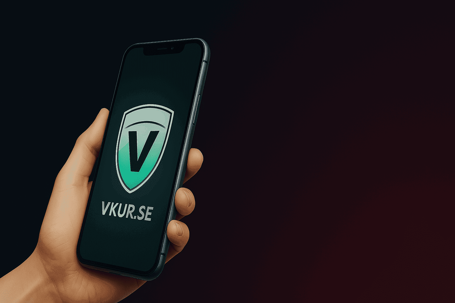 Рука держит смартфон с логотипом VKUR.SE на тёмном градиентном фоне